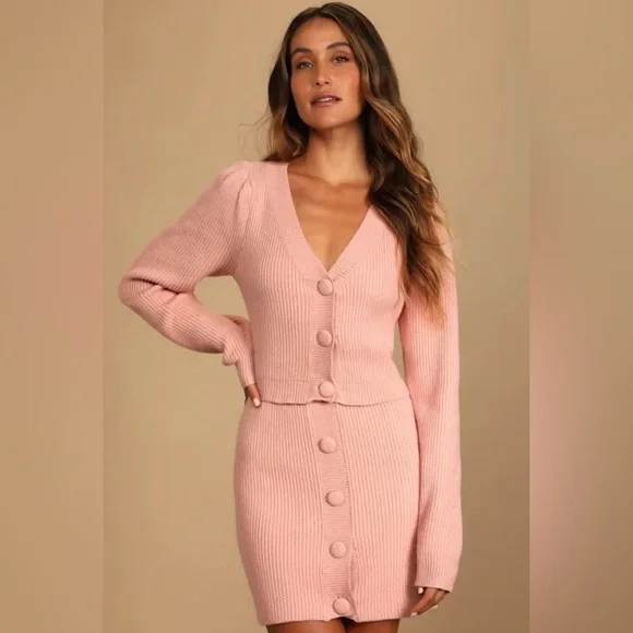 Autumn Scenery Dusty Pink Knit Two-Piece Sweater Mini Dress size M - Picture 2 of 7